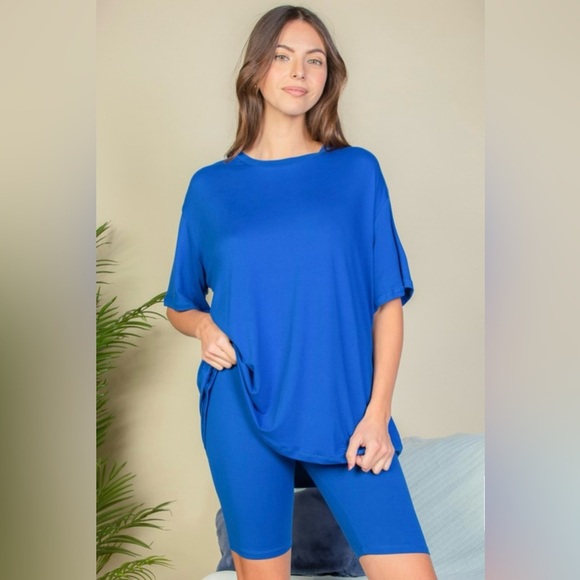 Royal Blue Matching Set Oversized T Shirt Biker Shorts Set S M L Lululemon Vuori - Picture 1 of 6